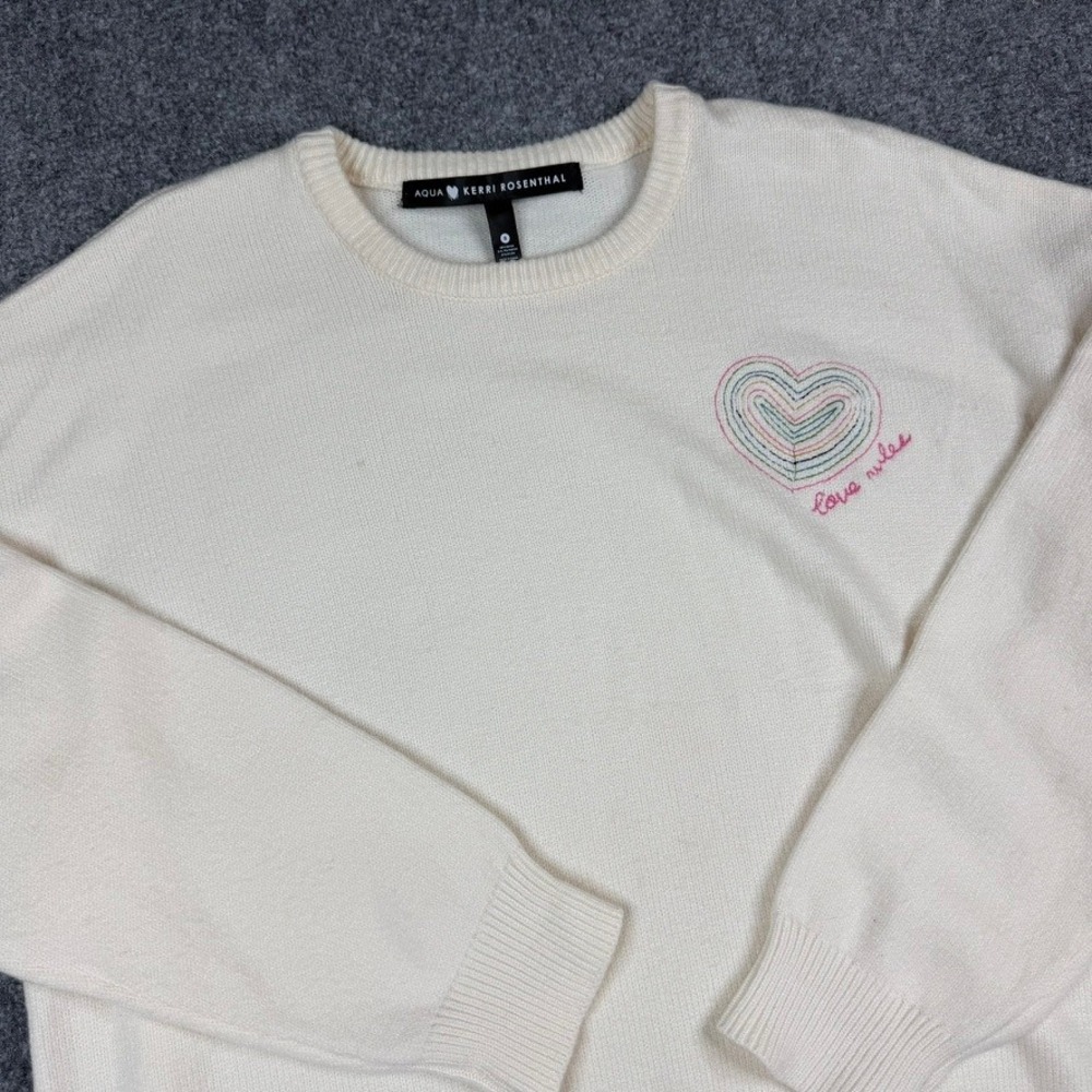 Aqua x Kerri Rosenthal Sweater Women Small Cream Embroidered Love Rules Heart